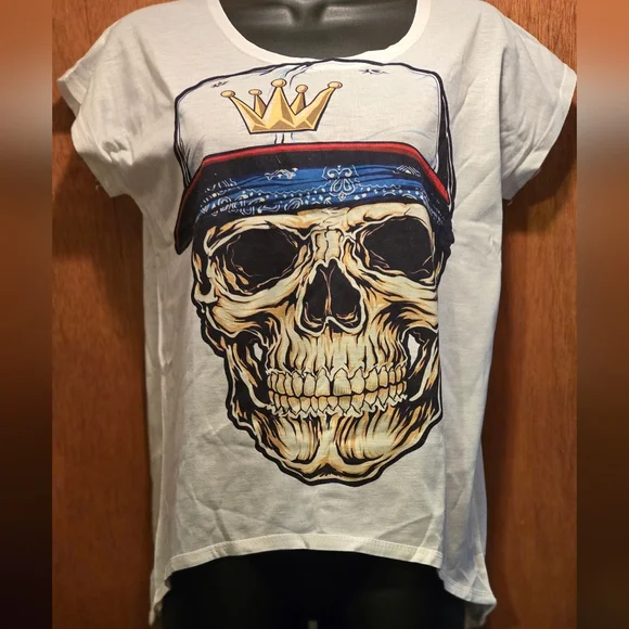Mittelmeer skull graphic white t-shirt capped sleeves high/low hemline szF - Picture 4 of 6